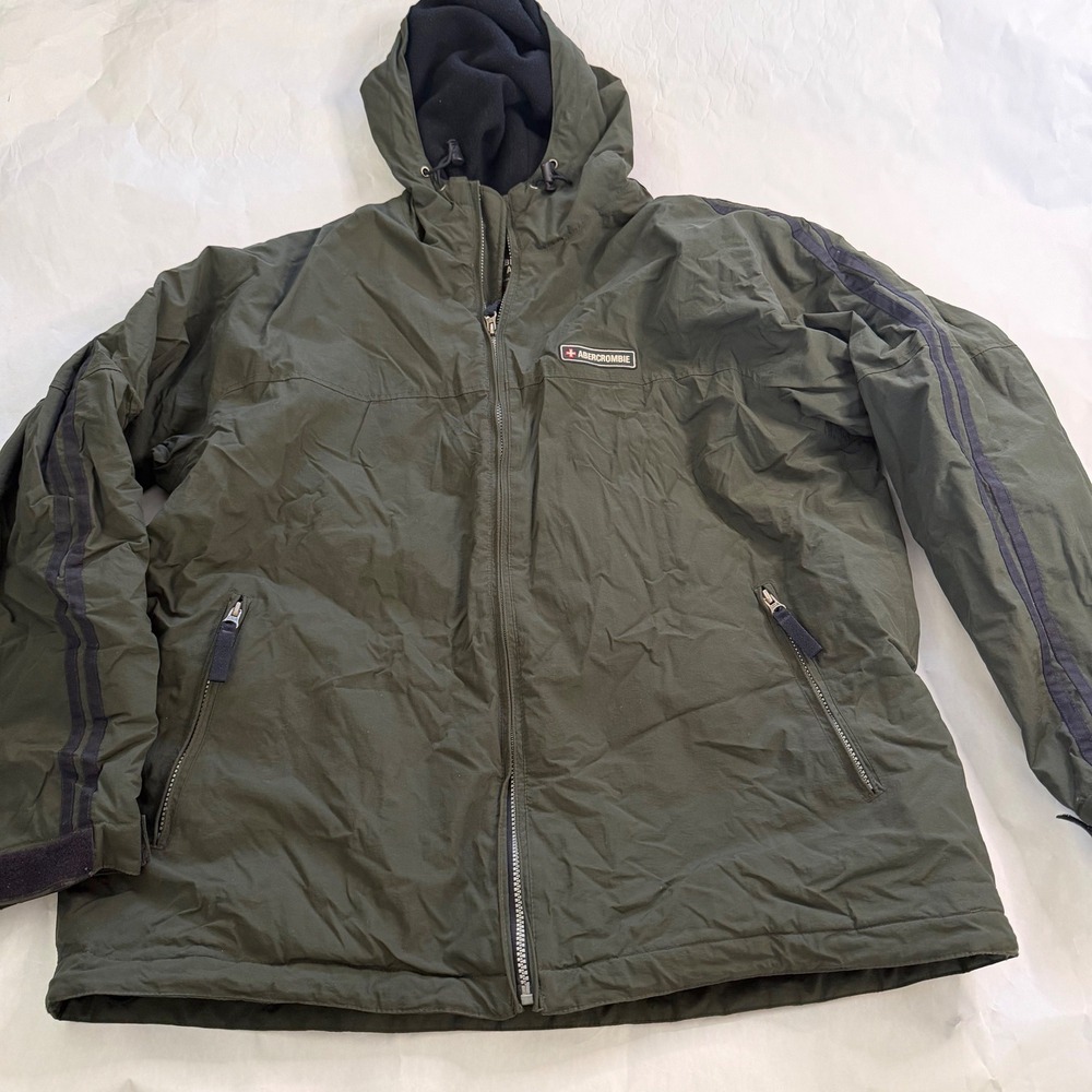 Abercrombie Fitch Vintage Mens Green Hooded Zip Up insulated Jacket With Stripes